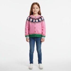 Mini Boden Girls Cardigan Size 4-5Y Pink Christmas Santa Pom-Poms Cozy Fair Isle